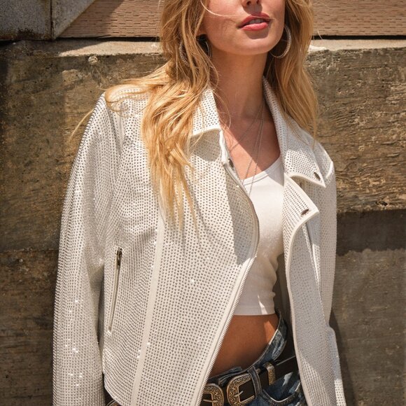 CRYSTAL STUDDED MOTO CROPPED jacket biker Harley rocker concert (2-COLORS) SML - Picture 1 of 14